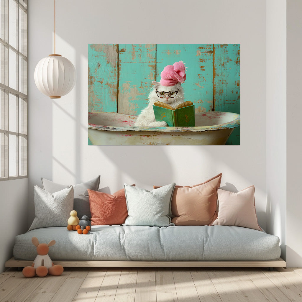 TABLEAU CHAT BLANC BAIGNOIRE