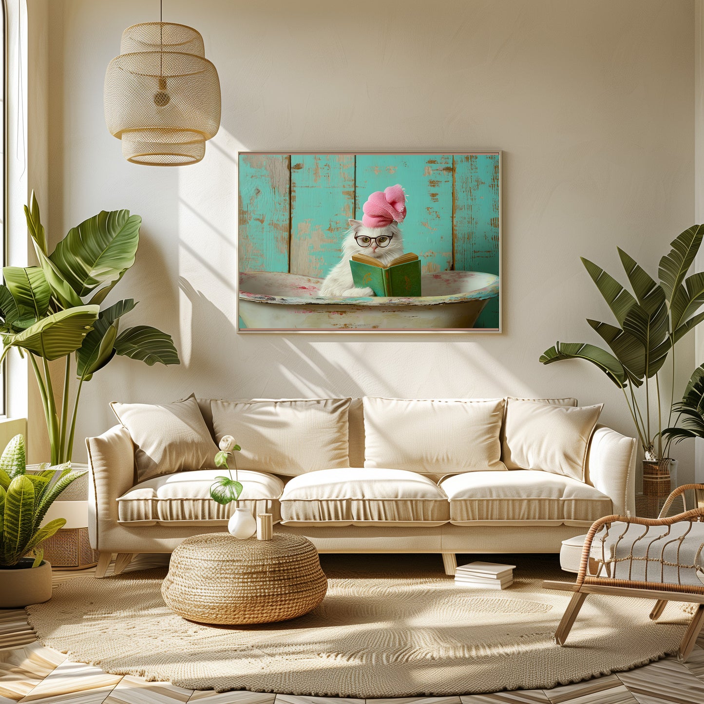 TABLEAU CHAT BLANC BAIGNOIRE